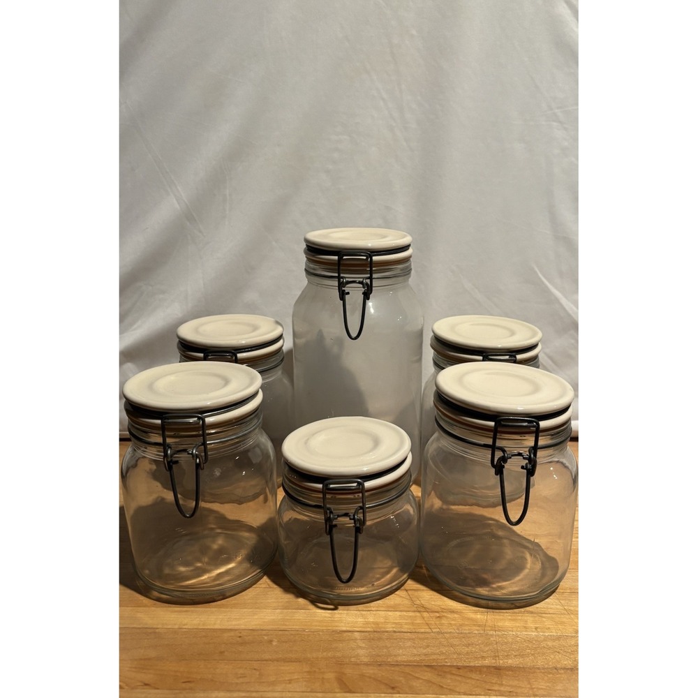 Vintage Anchor Hocking Glass Canister Jars Lot of 6 Ceramic Lids